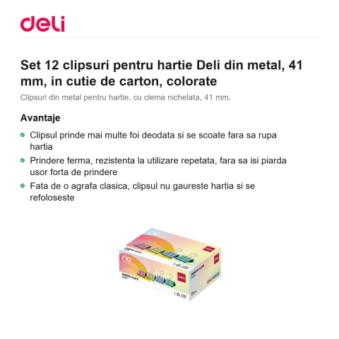 Set 12 clipsuri pentru hartie Deli din metal, 41 mm, in cutie de carton, colorate [1]