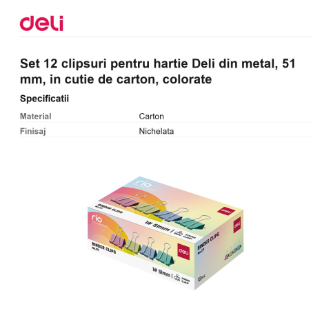 Set 12 clipsuri pentru hartie Deli din metal, 51 mm, in cutie de carton, colorate [2]
