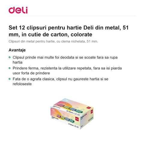 Set 12 clipsuri pentru hartie Deli din metal, 51 mm, in cutie de carton, colorate [1]