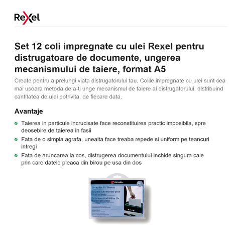 Set 12 coli impregnate cu ulei Rexel pentru distrugatoare de documente, ungerea mecanismului de taiere, format A5 [1]
