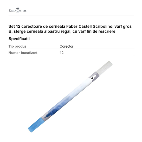 Set 12 corectoare de cerneala Faber-Castell Scribolino, varf gros B, sterge cerneala albastru regal, cu varf fin de rescriere [2]