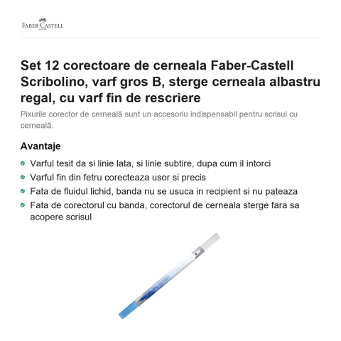 Set 12 corectoare de cerneala Faber-Castell Scribolino, varf gros B, sterge cerneala albastru regal, cu varf fin de rescriere [1]