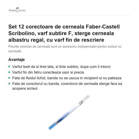 Set 12 corectoare de cerneala Faber-Castell Scribolino, varf subtire F, sterge cerneala albastru regal, cu varf fin de rescriere [1]