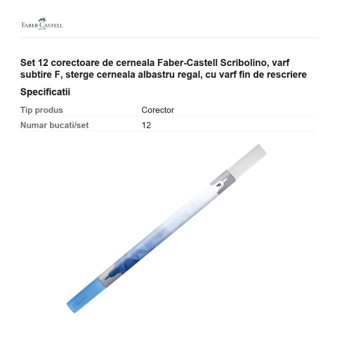 Set 12 corectoare de cerneala Faber-Castell Scribolino, varf subtire F, sterge cerneala albastru regal, cu varf fin de rescriere [2]