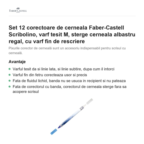 Set 12 corectoare de cerneala Faber-Castell Scribolino, varf tesit M, sterge cerneala albastru regal, cu varf fin de rescriere [1]