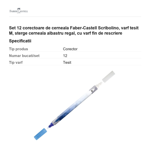Set 12 corectoare de cerneala Faber-Castell Scribolino, varf tesit M, sterge cerneala albastru regal, cu varf fin de rescriere [2]