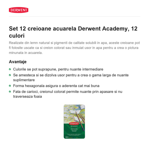Set 12 creioane acuarela Derwent Academy, 12 culori [1]
