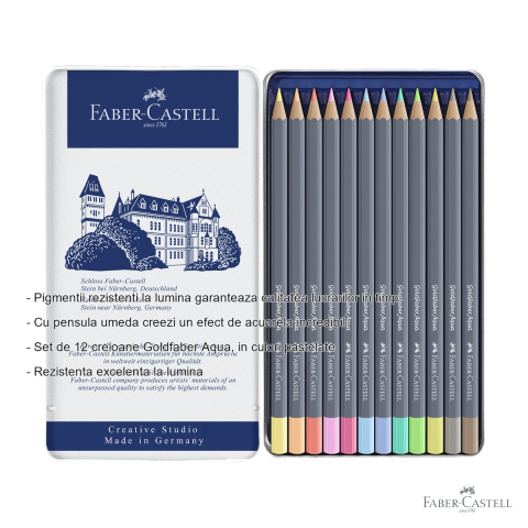 Set 12 creioane colorate acuarela Faber-Castell Goldfaber, culori pastel, cutie metalica [1]
