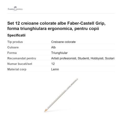 Set 12 creioane colorate albe Faber-Castell Grip, forma triunghiulara ergonomica, pentru copii [2]