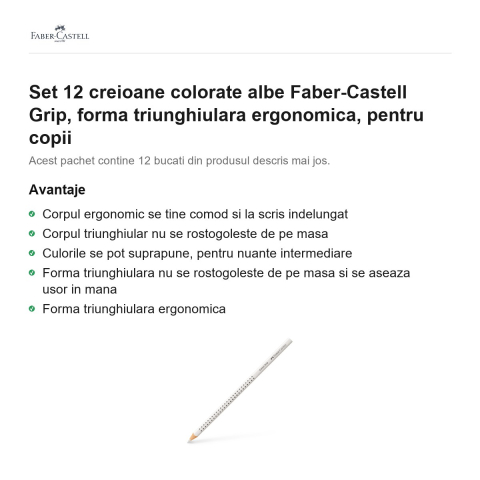 Set 12 creioane colorate albe Faber-Castell Grip, forma triunghiulara ergonomica, pentru copii [1]