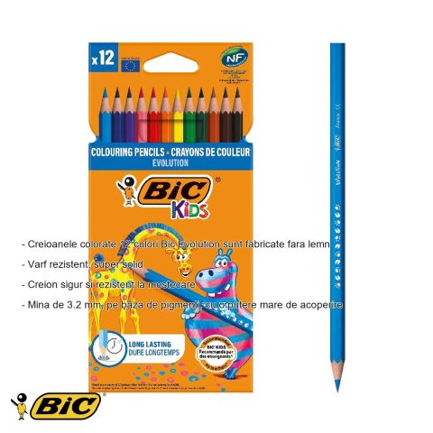 Set 12 creioane colorate Bic Evolution, fara lemn, mina 3.2 mm, pentru copii [1]