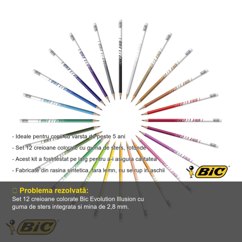 Set 12 creioane colorate Bic Evolution Illusion, cu guma de sters, mina ultra-rezistenta, pentru scoala si desen artistic [1]