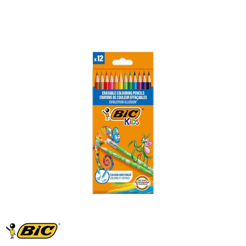 Birotica papetarie - Set 12 creioane colorate Bic Evolution Illusion, cu guma de sters, mina ultra-rezistenta, pentru scoala si desen artistic