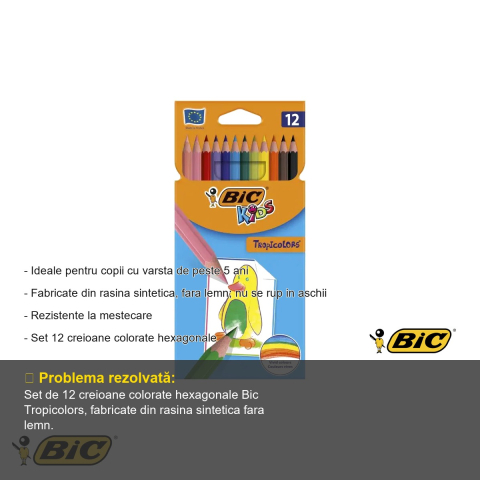 Set 12 creioane colorate Bic Tropicolors, hexagonale, din rasina sintetica, pentru copii [1]