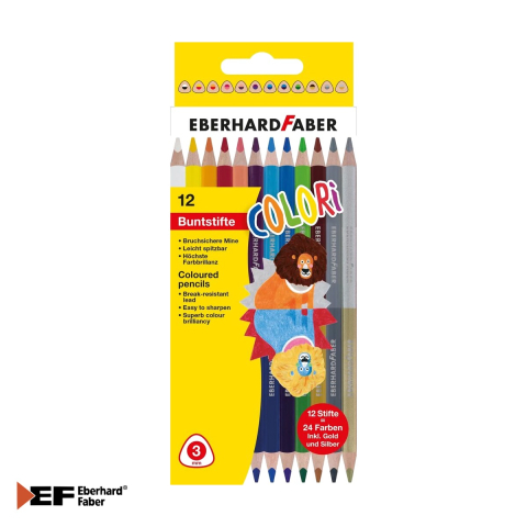 Birotica papetarie - Set 12 creioane colorate bicolore Eberhard Faber, mina 3 mm, 24 culori intense, pentru scoala si activitati creative