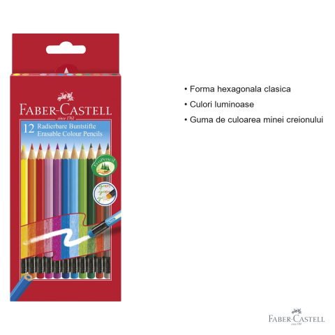Set 12 creioane colorate cu guma Faber-Castell Eco, forma hexagonala, pentru copii si scolari [2]