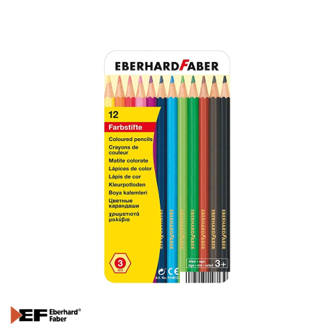 Birotica papetarie - Set 12 creioane colorate Eberhard Faber, mina 3 mm, cutie metalica, pentru scoala si desen