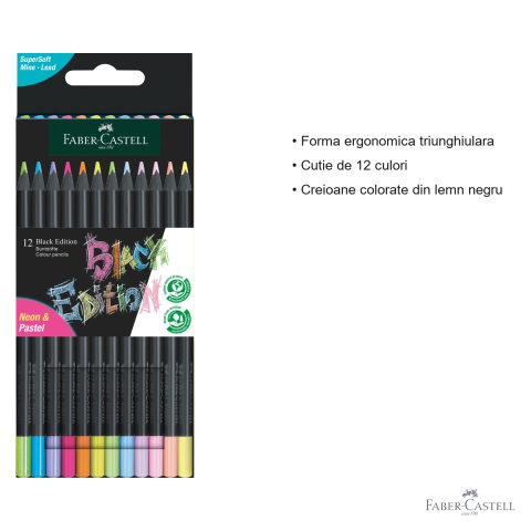 Set 12 creioane colorate Faber-Castell Black Edition, culori pastel si neon, forma ergonomica triunghiulara [2]