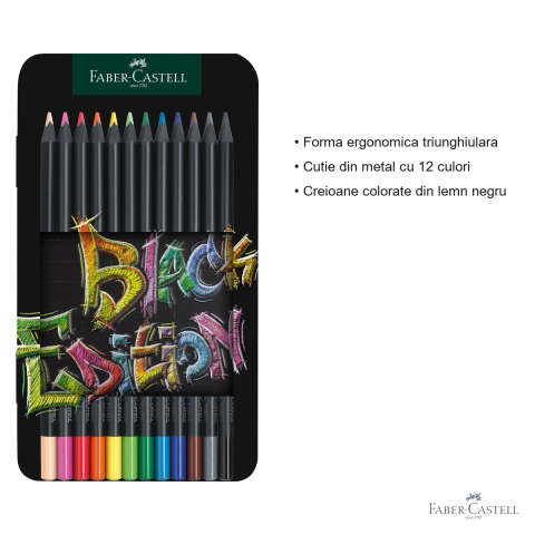 Set 12 creioane colorate Faber-Castell Black Edition, mina moale, cutie metal, pentru desen si ilustratie [2]
