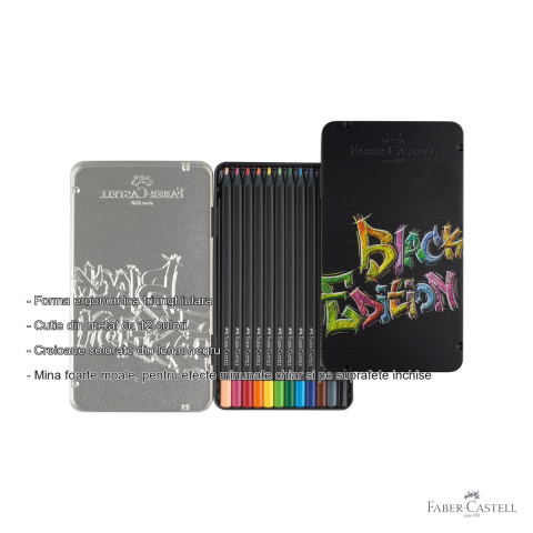 Set 12 creioane colorate Faber-Castell Black Edition, mina moale, cutie metal, pentru desen si ilustratie [1]