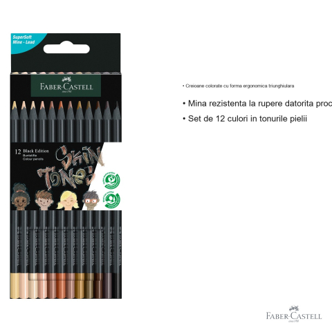 Set 12 creioane colorate Faber-Castell Black Edition, tonuri ale pielii, mina supermoale, forma ergonomica triunghiulara [2]