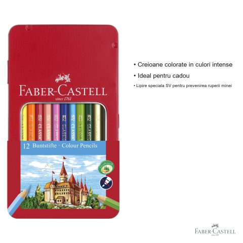 Set 12 creioane colorate Faber-Castell, cutie metalica cu fereastra, culori stralucitoare pentru desen si scoala [2]