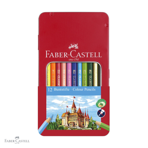 Birotica papetarie - Set 12 creioane colorate Faber-Castell, cutie metalica cu fereastra, culori stralucitoare pentru desen si scoala