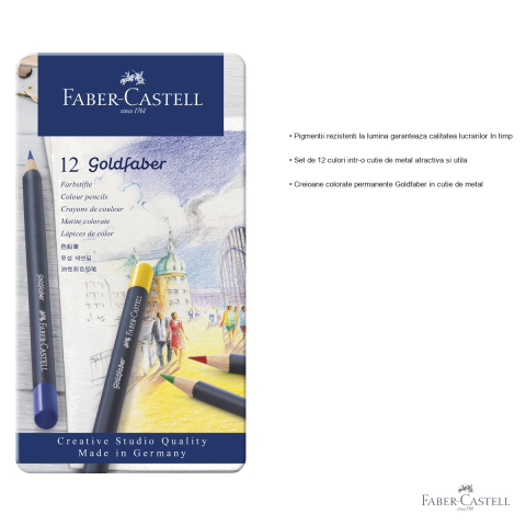 Set 12 creioane colorate Faber-Castell Goldfaber, mina moale pigmenti rezistenti, cutie metal, pentru desen si arta [2]
