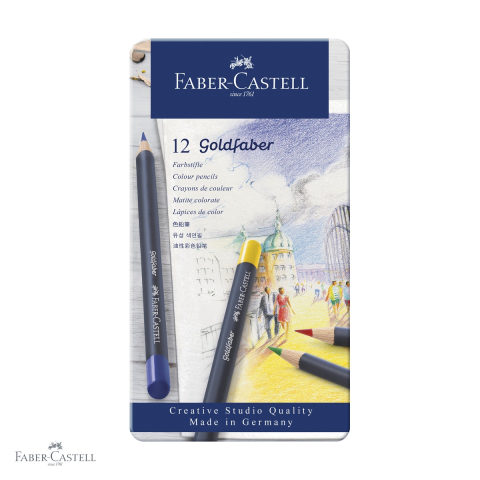 Creioane colorate permanente - Set 12 creioane colorate Faber-Castell Goldfaber, mina moale pigmenti rezistenti, cutie metal, pentru desen si arta