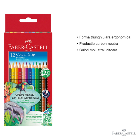 Set 12 creioane colorate Faber-Castell Grip 2001, forma triunghiulara ergonomica, solubile in apa, pentru copii [2]
