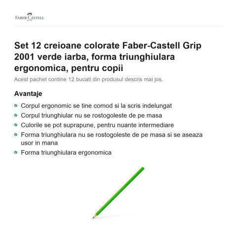 Set 12 creioane colorate Faber-Castell Grip 2001 verde iarba, forma triunghiulara ergonomica, pentru copii [1]