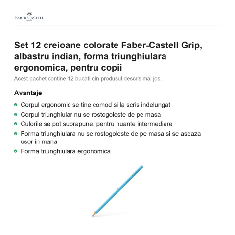 Set 12 creioane colorate Faber-Castell Grip, albastru indian, forma triunghiulara ergonomica, pentru copii [1]