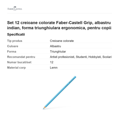 Set 12 creioane colorate Faber-Castell Grip, albastru indian, forma triunghiulara ergonomica, pentru copii [2]