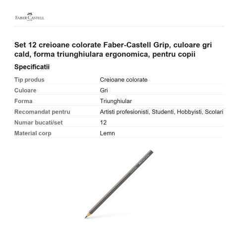Set 12 creioane colorate Faber-Castell Grip, culoare gri cald, forma triunghiulara ergonomica, pentru copii [2]