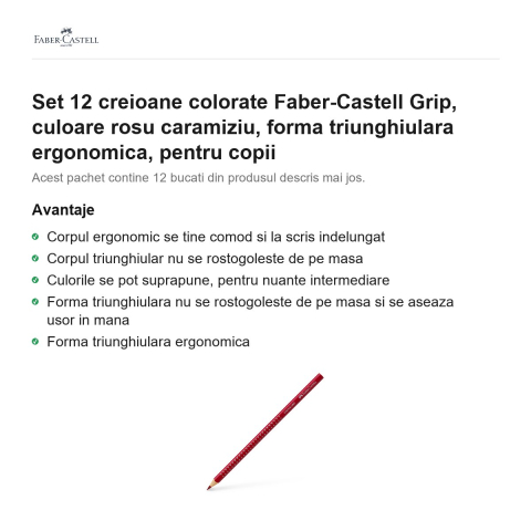 Set 12 creioane colorate Faber-Castell Grip, culoare rosu caramiziu, forma triunghiulara ergonomica, pentru copii [1]