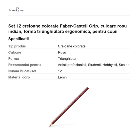 Set 12 creioane colorate Faber-Castell Grip, culoare rosu indian, forma triunghiulara ergonomica, pentru copii [2]
