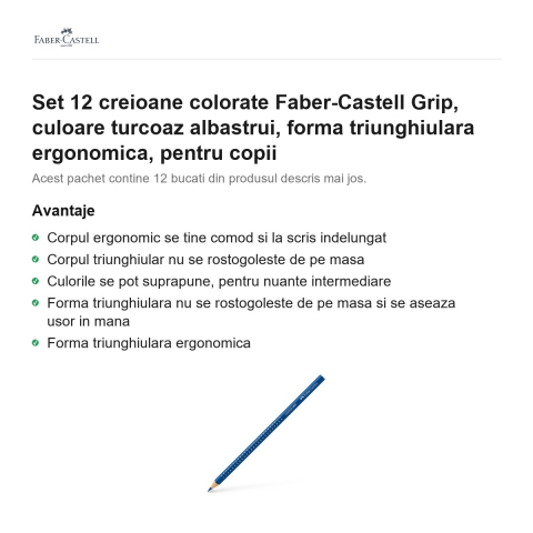 Set 12 creioane colorate Faber-Castell Grip, culoare turcoaz albastrui, forma triunghiulara ergonomica, pentru copii [1]