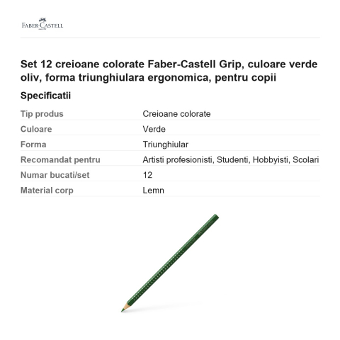 Set 12 creioane colorate Faber-Castell Grip, culoare verde oliv, forma triunghiulara ergonomica, pentru copii [2]