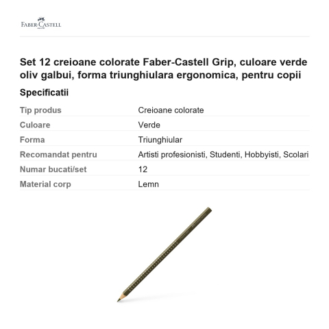 Set 12 creioane colorate Faber-Castell Grip, culoare verde oliv galbui, forma triunghiulara ergonomica, pentru copii [2]