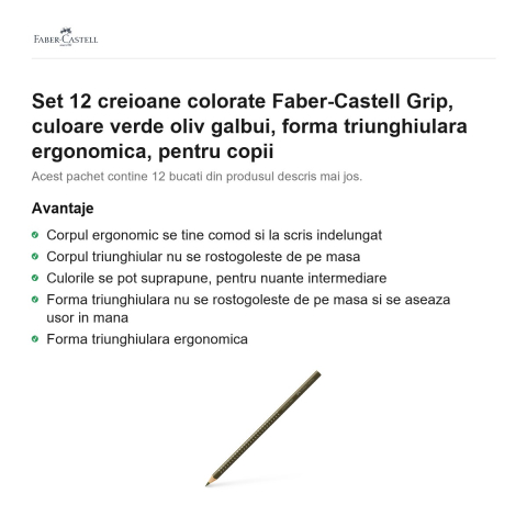 Set 12 creioane colorate Faber-Castell Grip, culoare verde oliv galbui, forma triunghiulara ergonomica, pentru copii [1]