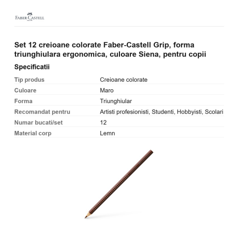 Set 12 creioane colorate Faber-Castell Grip, forma triunghiulara ergonomica, culoare Siena, pentru copii [2]