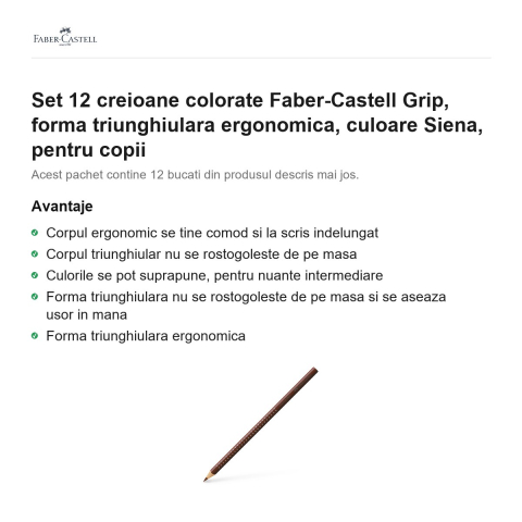 Set 12 creioane colorate Faber-Castell Grip, forma triunghiulara ergonomica, culoare Siena, pentru copii [1]