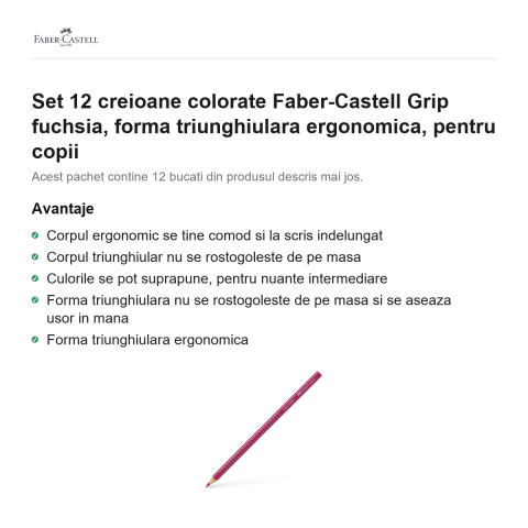 Set 12 creioane colorate Faber-Castell Grip fuchsia, forma triunghiulara ergonomica, pentru copii [1]
