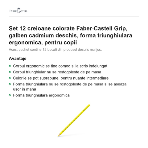 Set 12 creioane colorate Faber-Castell Grip, galben cadmium deschis, forma triunghiulara ergonomica, pentru copii [1]