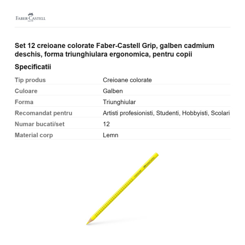 Set 12 creioane colorate Faber-Castell Grip, galben cadmium deschis, forma triunghiulara ergonomica, pentru copii [2]