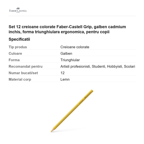Set 12 creioane colorate Faber-Castell Grip, galben cadmium inchis, forma triunghiulara ergonomica, pentru copii [2]