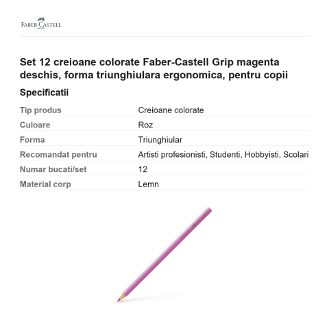 Set 12 creioane colorate Faber-Castell Grip magenta deschis, forma triunghiulara ergonomica, pentru copii [2]