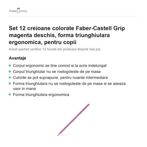 Set 12 creioane colorate Faber-Castell Grip magenta deschis, forma triunghiulara ergonomica, pentru copii [1]