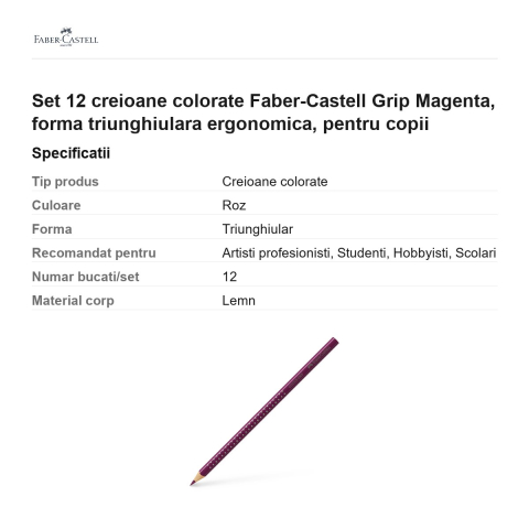 Set 12 creioane colorate Faber-Castell Grip Magenta, forma triunghiulara ergonomica, pentru copii [2]