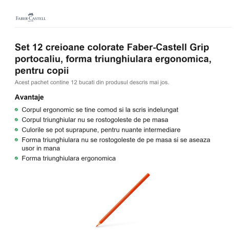 Set 12 creioane colorate Faber-Castell Grip portocaliu, forma triunghiulara ergonomica, pentru copii [1]